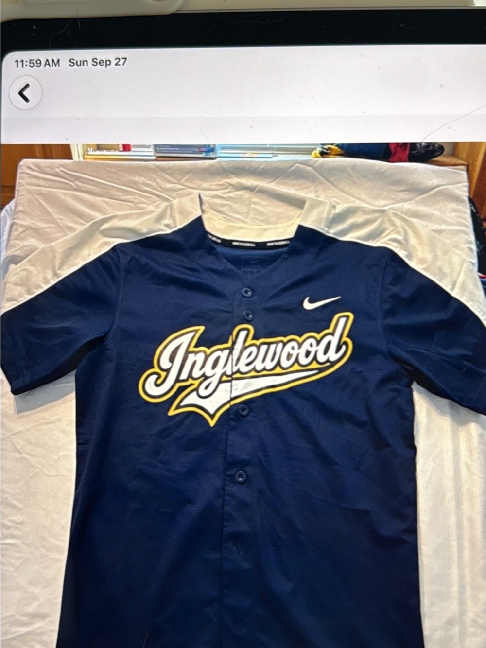 Nike Navy Inglewood Baseball Jersey with Yellow & White Script